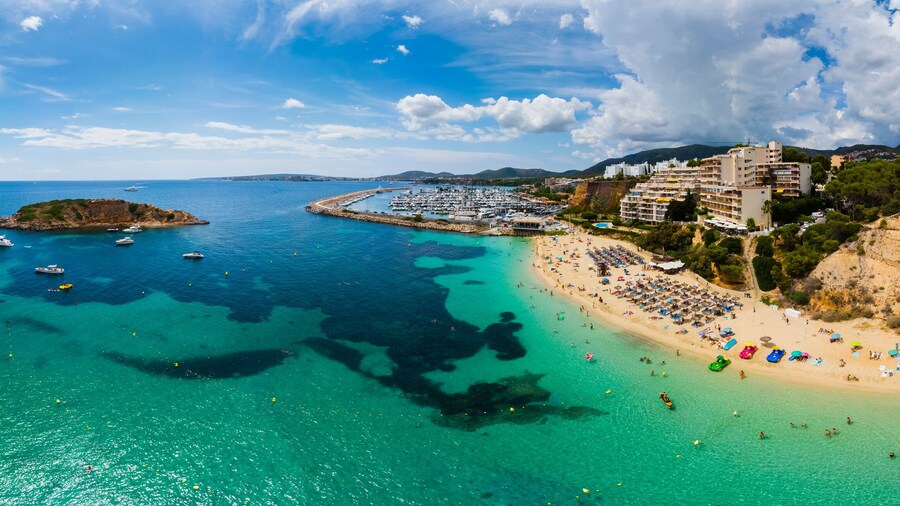 Spain, Balearic Islands, Mallorca, Aerial view of Portals Nous, beach Platja de S'Oratori and Illa d'en Sales