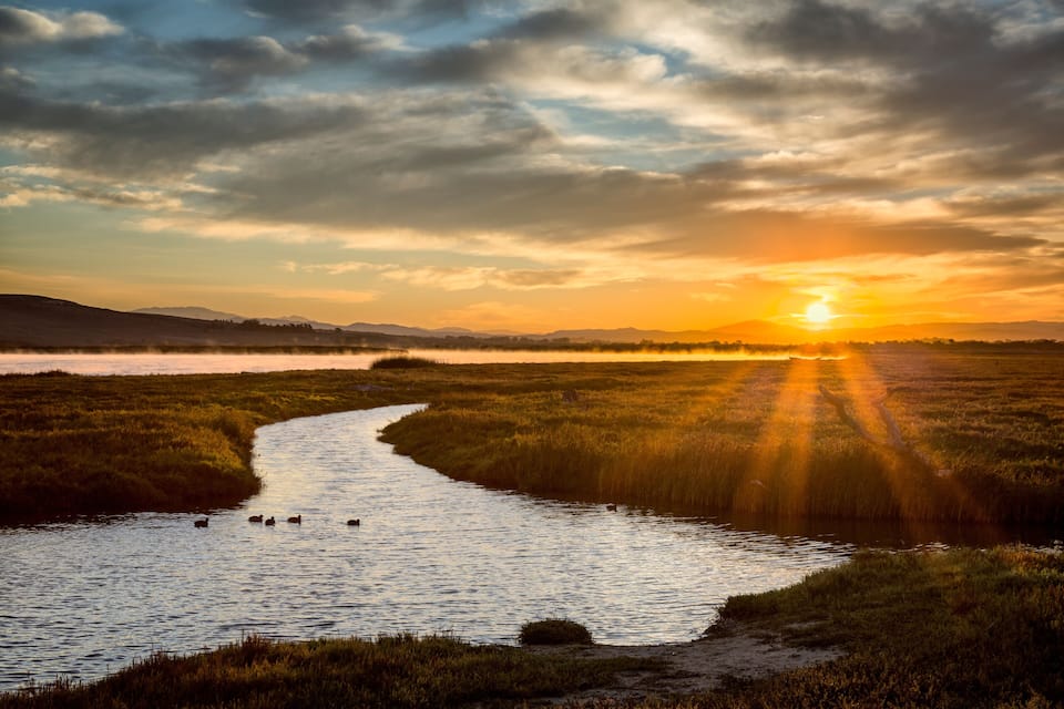 A river winding through a marshy landscape with a sunset in the background.