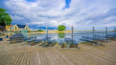 Un muelle de madera con mesas de picnic, una masa de agua, un árbol y un edificio al fondo.