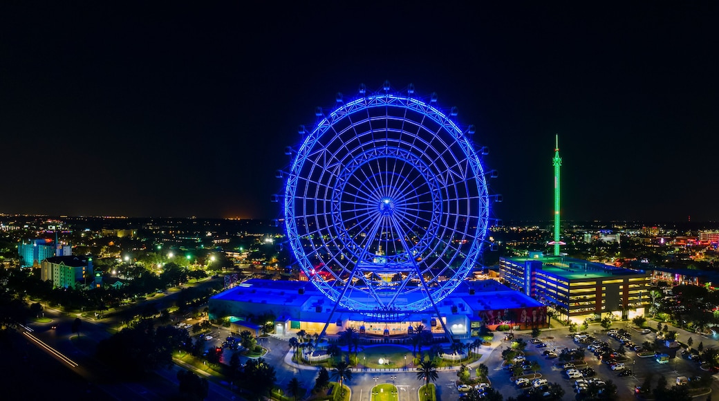 Panoramic aerial View of the Wheel at Icon Park at night in Orlando, Florida, United States.