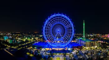 Panoramic aerial View of the Wheel at Icon Park at night in Orlando, Florida, United States.