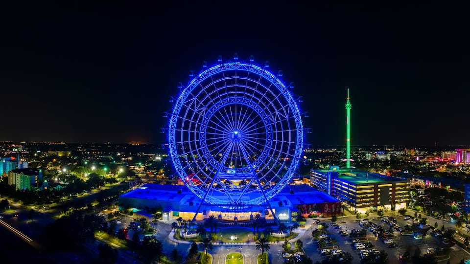 Panoramic aerial View of the Wheel at Icon Park at night in Orlando, Florida, United States.