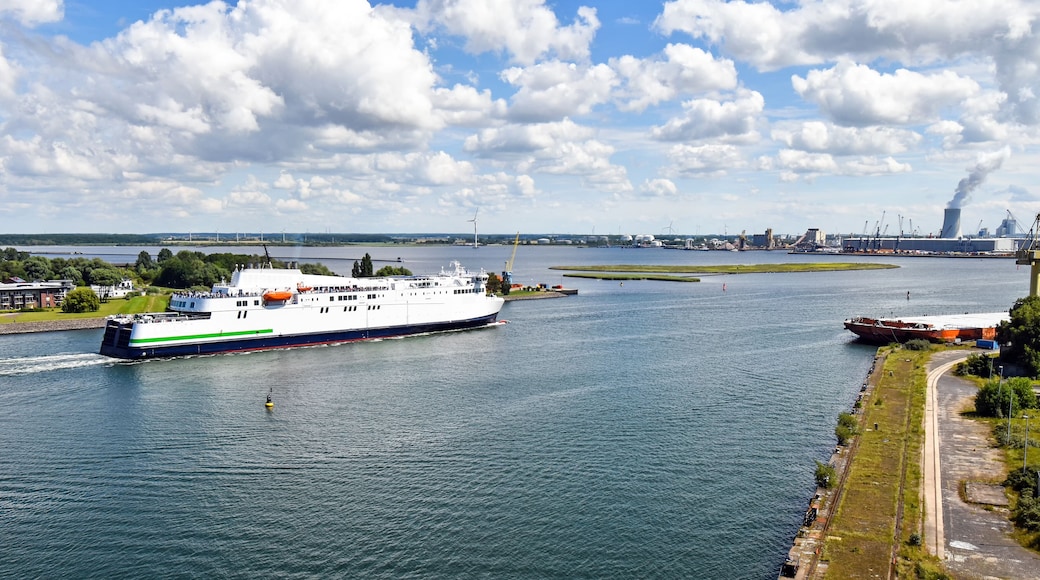 The modern ferry enters the port of Rostock. The ferry line connects the German port of Rostock with Gedser in Denmark.