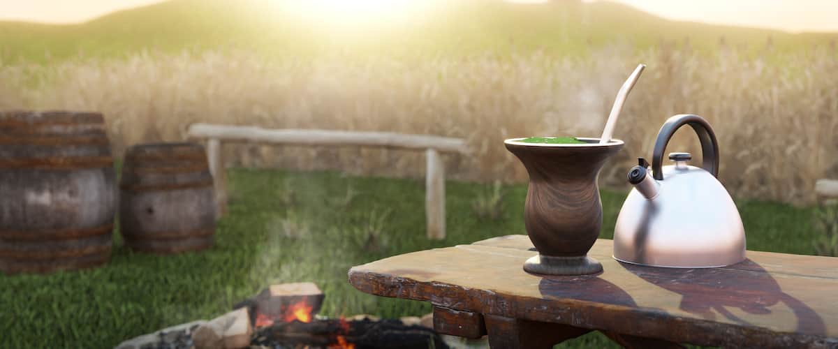 A rustic outdoor setting with a wooden table, a metal kettle, and a clay pot with a green substance, possibly a drink, in a field with a fire and barrels in the background.