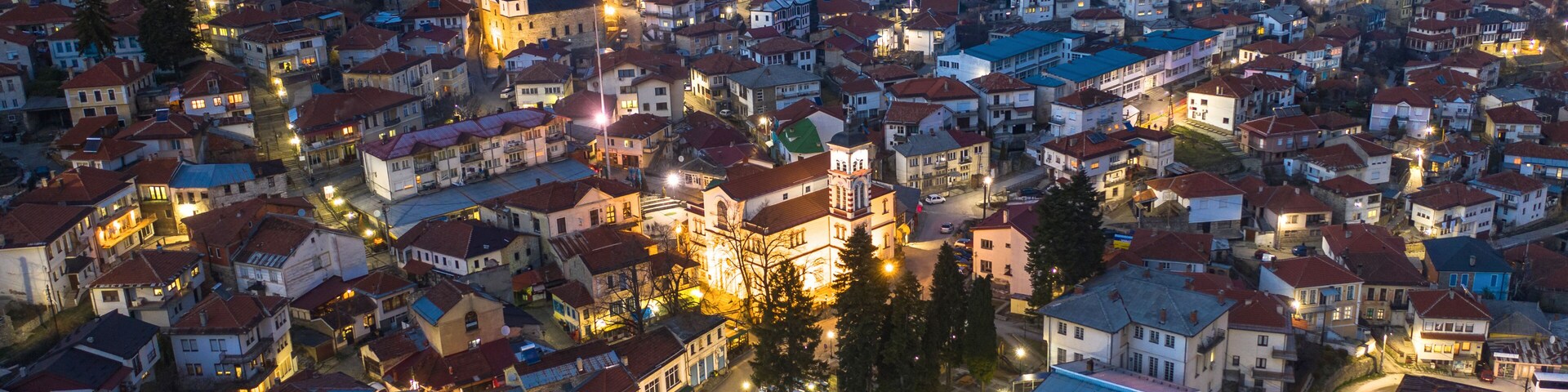 Aerial night view of a city of Krushevo in cental North Macedonia, Balkans