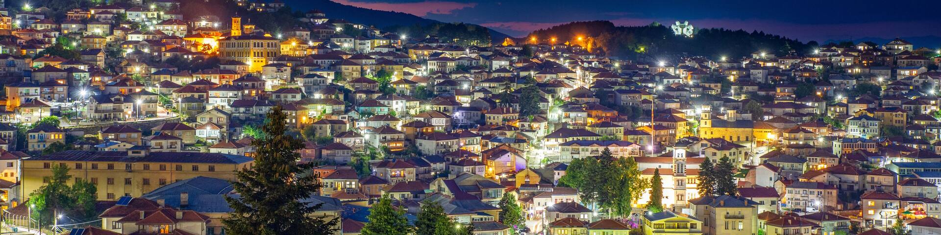 Night view of a city of Krushevo in cental North Macedonia, Balkans
