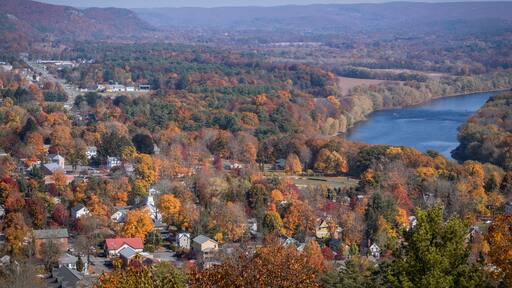 Milford, PA, and the Delaware River from scenic overlook on a sunny fall day