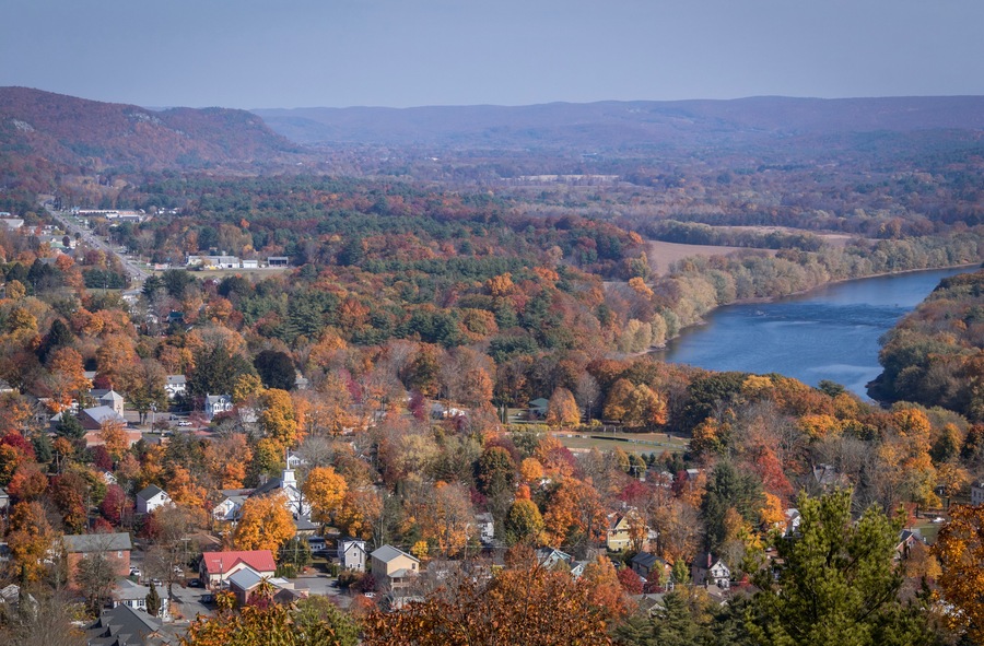 Milford, PA, and the Delaware River from scenic overlook on a sunny fall day