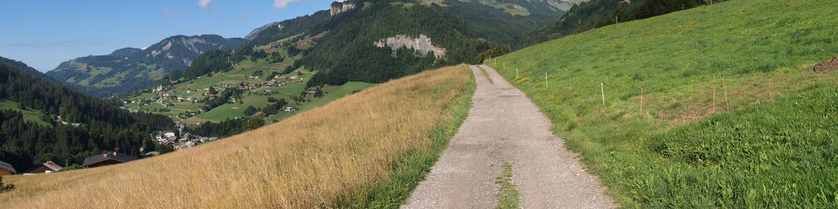 Panorama above alpine town of Flumet (Savoy, France) from Champagne road in summer 2008