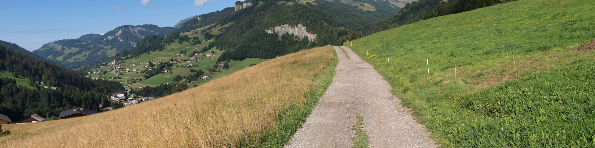 Panorama above alpine town of Flumet (Savoy, France) from Champagne road in summer 2008