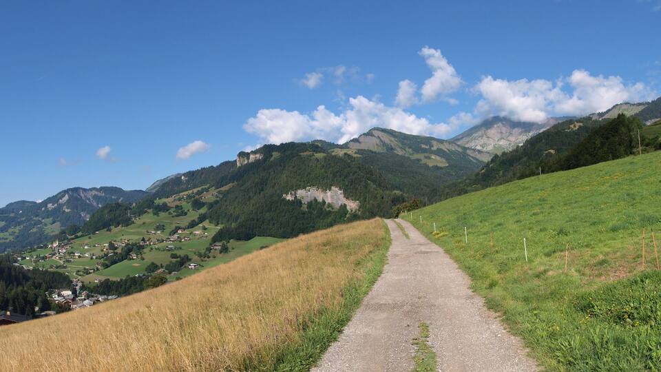 Panorama above alpine town of Flumet (Savoy, France) from Champagne road in summer 2008