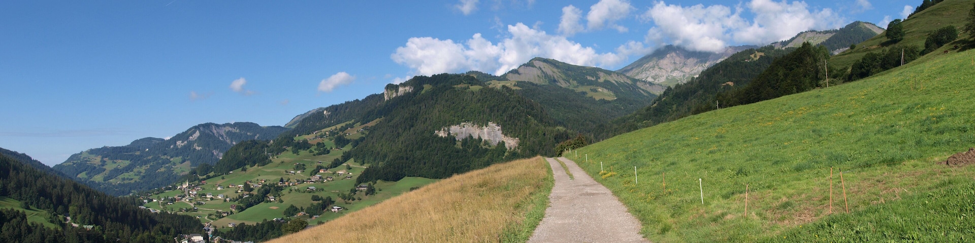 Panorama above alpine town of Flumet (Savoy, France) from Champagne road in summer 2008