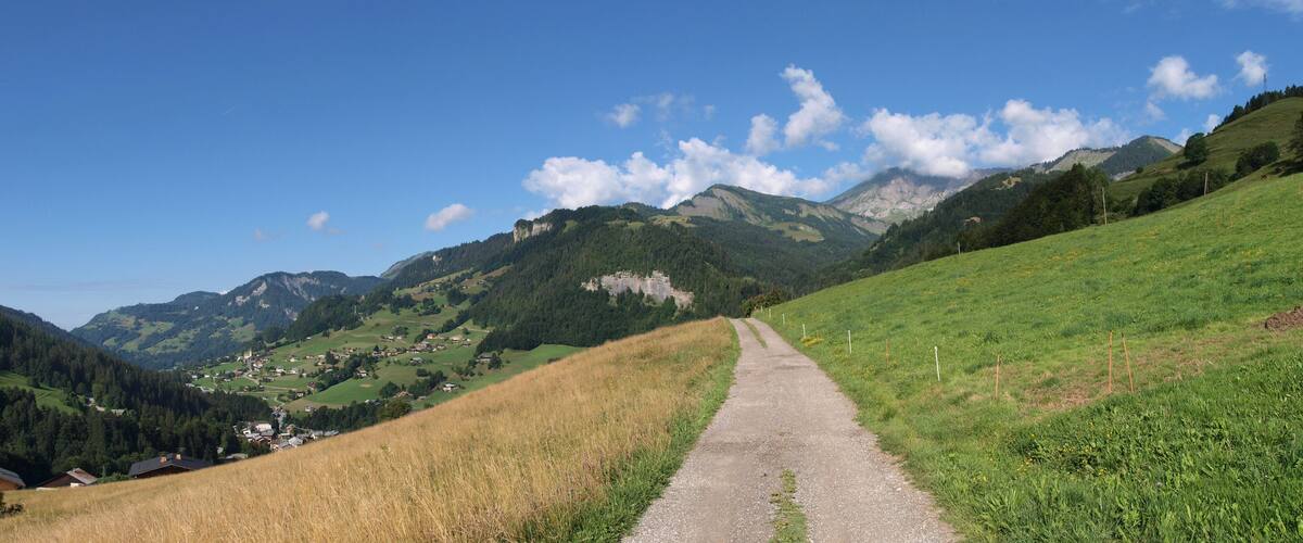 A gravel path through a mountainous landscape with green fields and scattered houses.