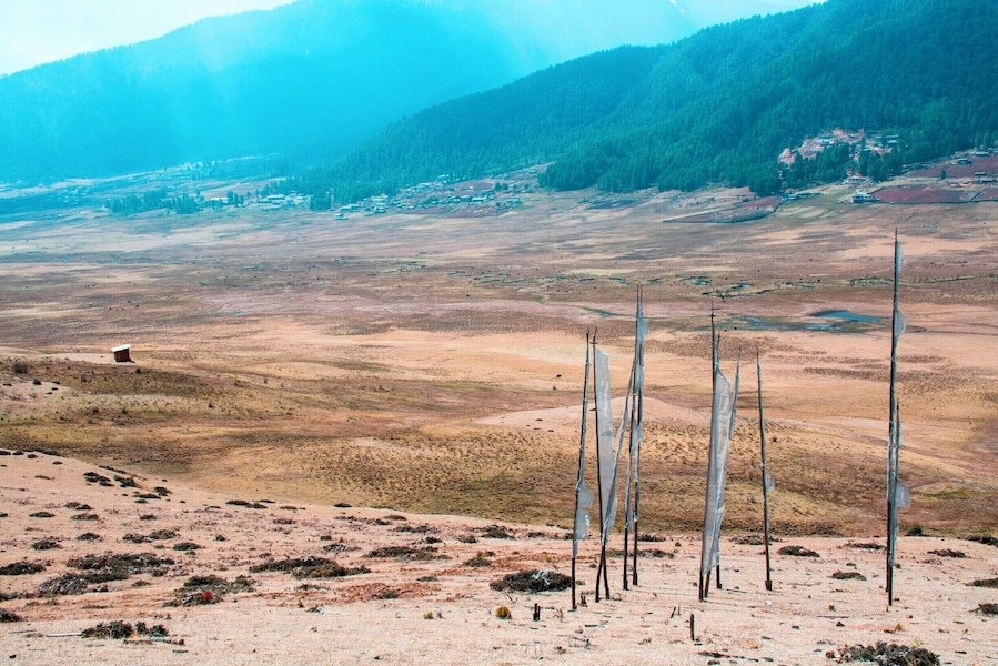 Prayer flags over the Phobjikha Valley, Bhutan. Stands of prayer flags are ubiquitous in Bhutan. They typically commemorate someone who has recently died, put up by his or her family. They are allowed to deteriorate naturally, symbolizing the impermanence of life.