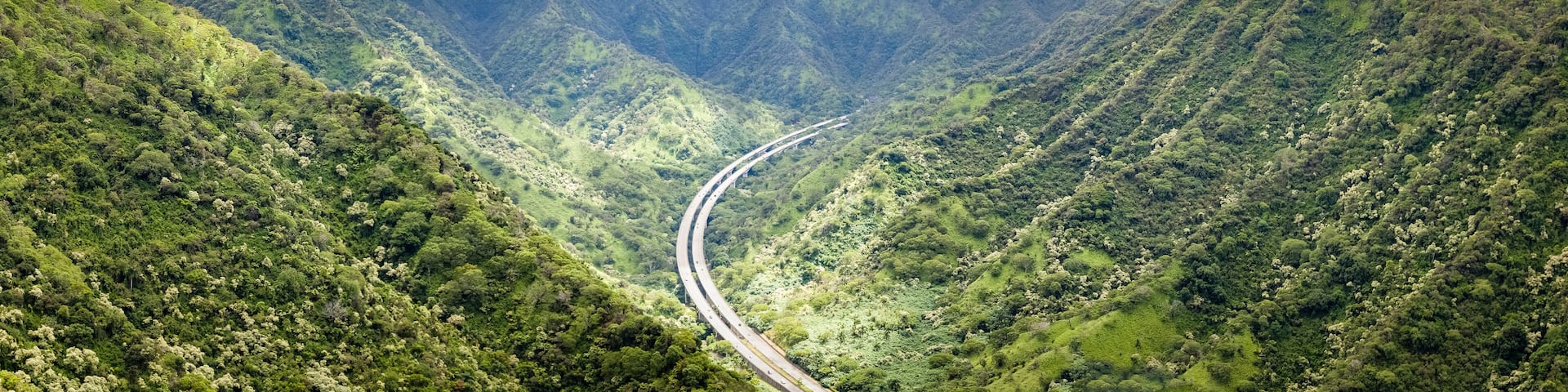 Mountain landscape panorama and scenic view of H3 highway from the Aeia Loop Trail on Oahu, Hawaii. / Mountain Landscape Panorama Hawaii