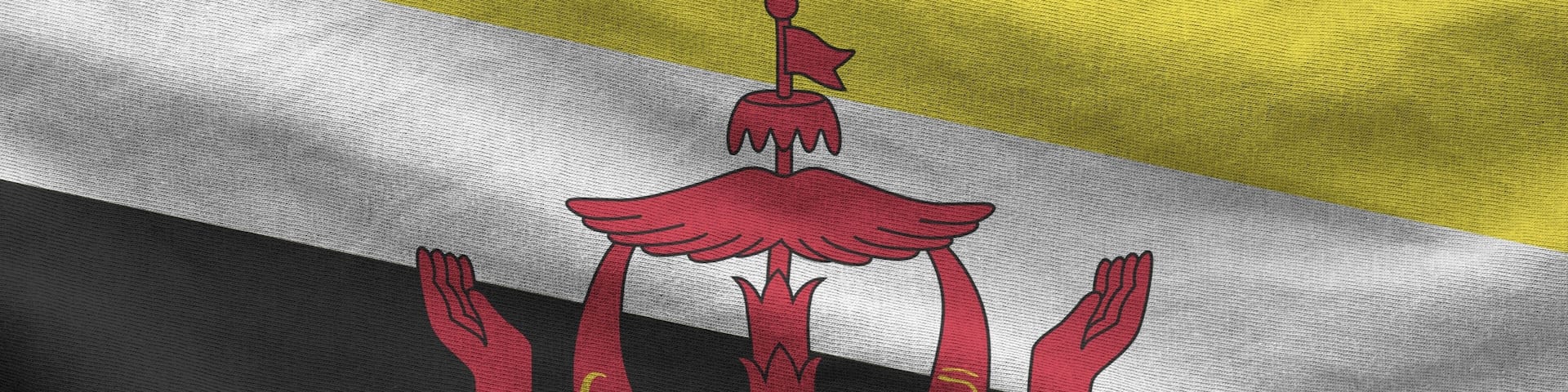 A flag with a black, white, and yellow horizontal stripe and a red emblem with Arabic script.