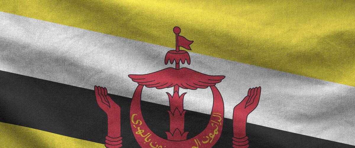 A flag with a black, white, and yellow horizontal stripe and a red emblem with Arabic script.