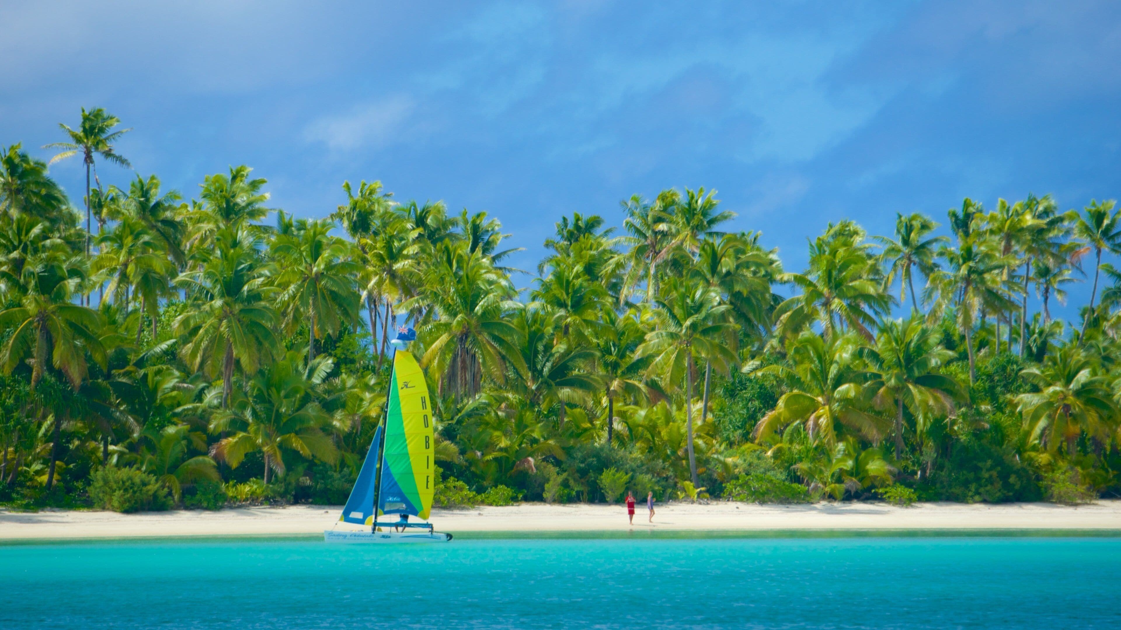 A sailboat on turquoise waters with a beach and palm trees in the background.