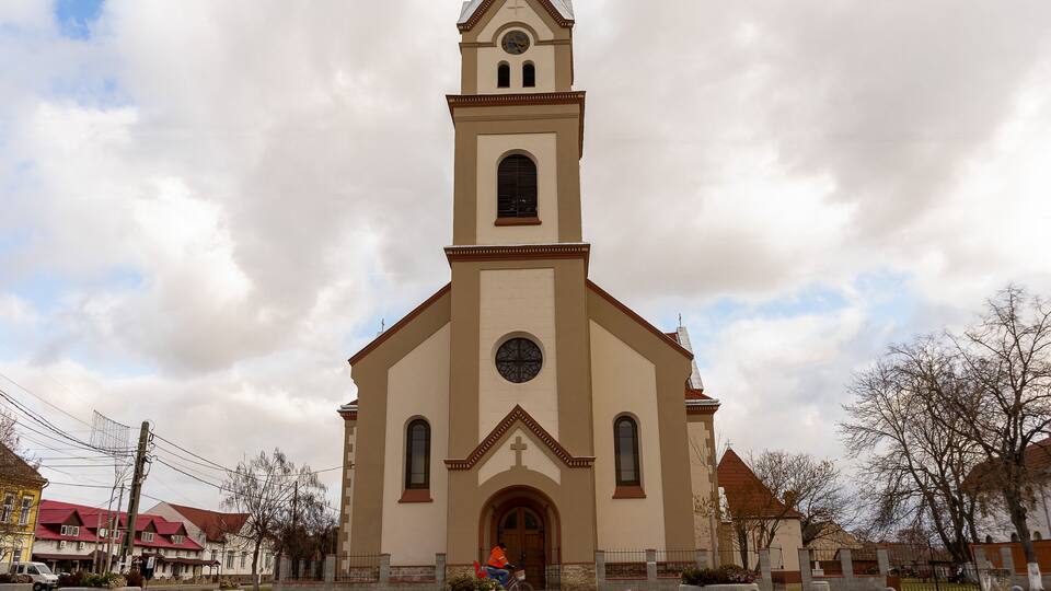 View the roman catholic church Saint Vendelin on a clear sky
