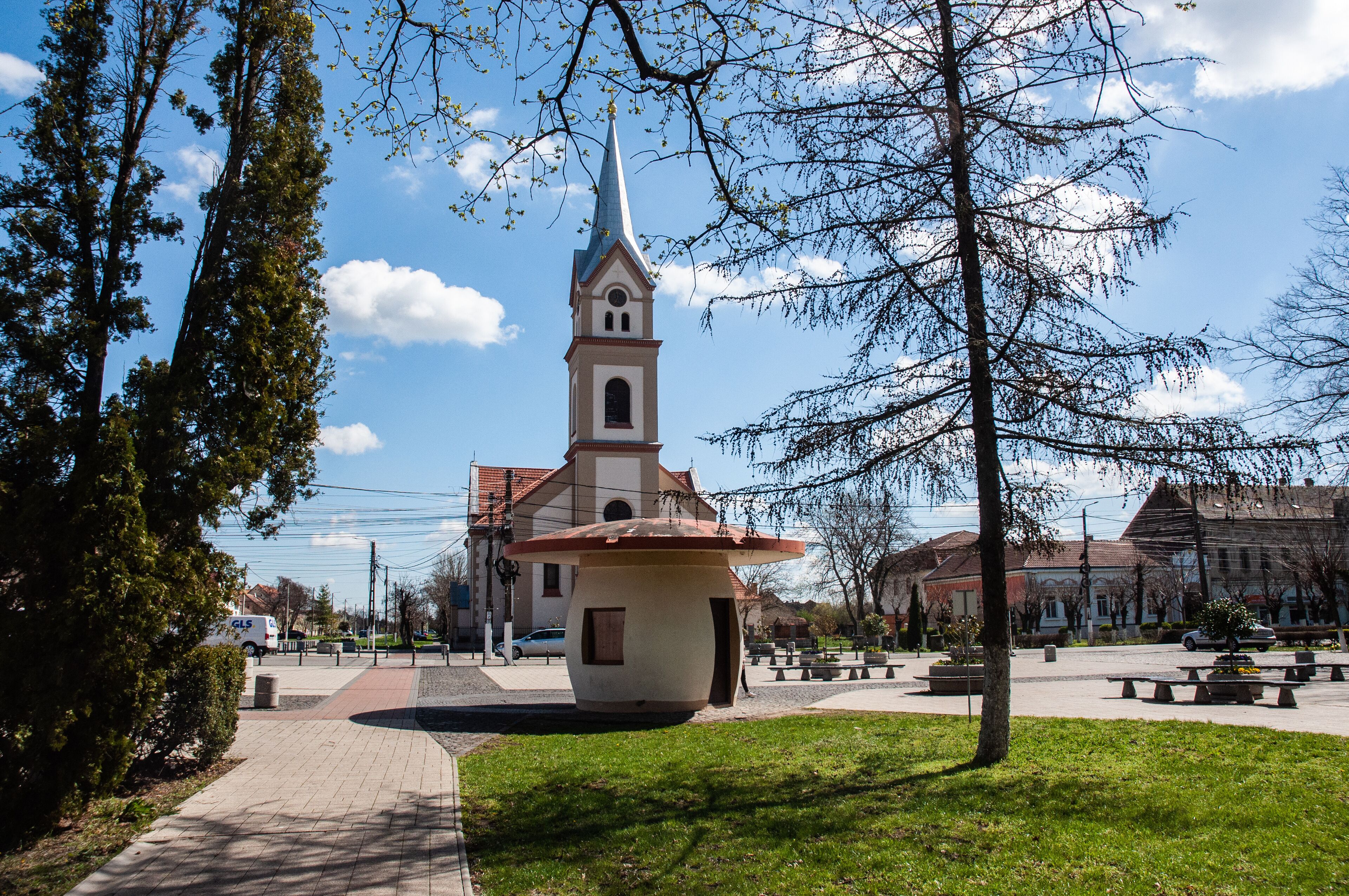 View on the catholic church Saint Vendelin in Jimbolia, Romania.