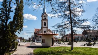 View on the catholic church Saint Vendelin in Jimbolia, Romania.