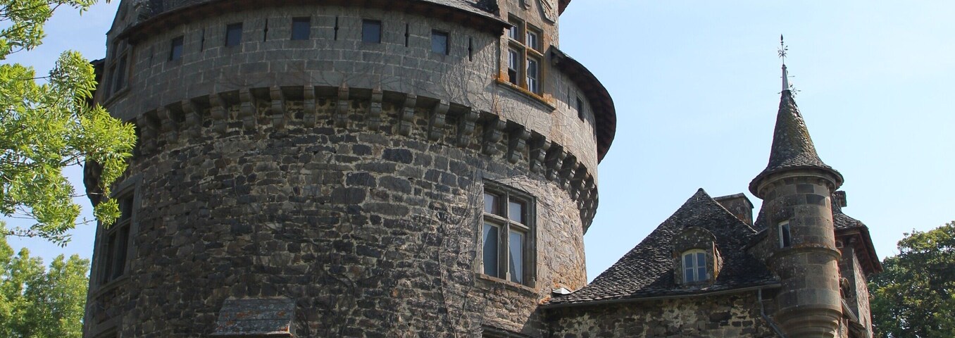 A historic stone castle with a round tower, a turret, and a staircase leading to the entrance.