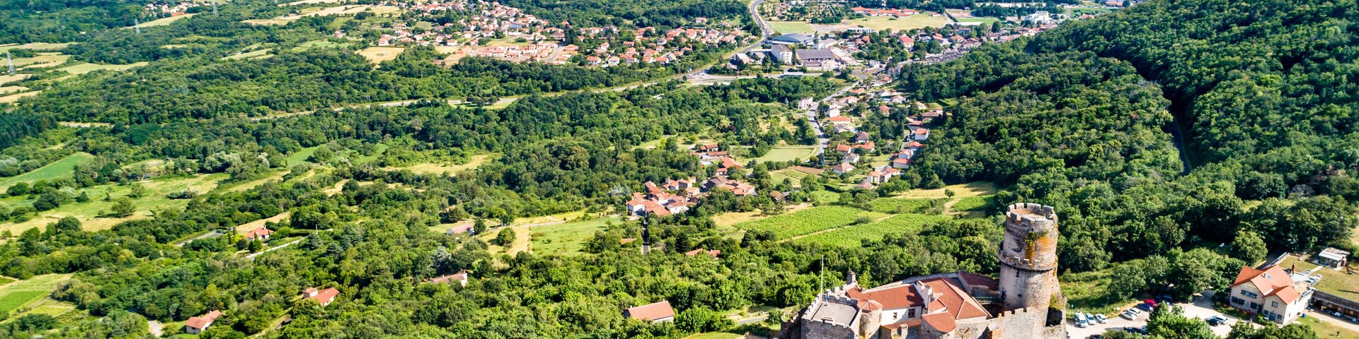 A historic castle surrounded by lush greenery and a small village.