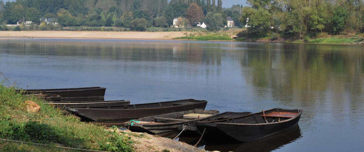 A calm river with several boats docked along the shore. In the background, there are trees and a few buildings on the opposite bank.