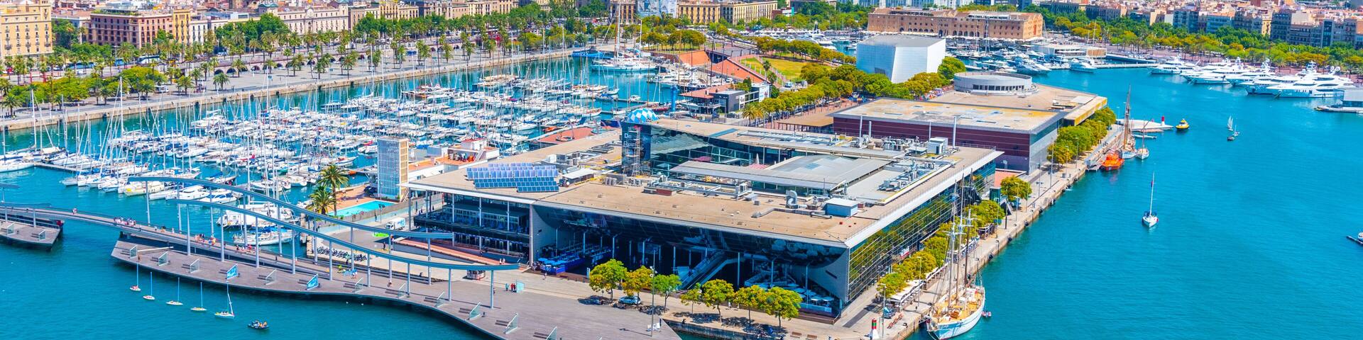 A marina with boats, a modern building, and a cityscape in the background.