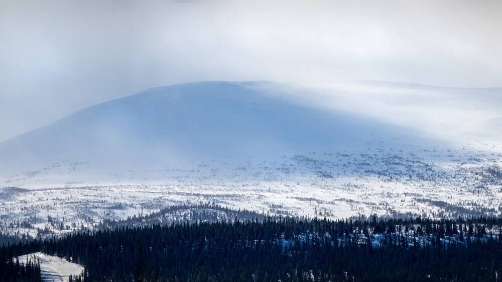 Winter landscape with foggy snowy mountains. Panorama