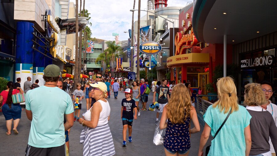 Universal CityWalk showing street scenes and signage as well as a large group of people