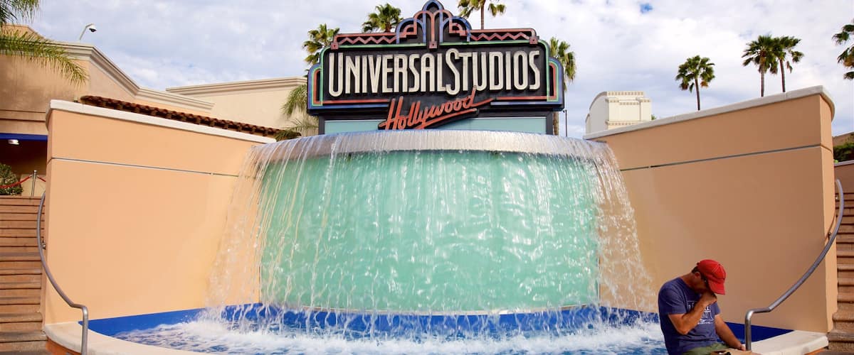 Universal CityWalk showing signage, rides and a fountain