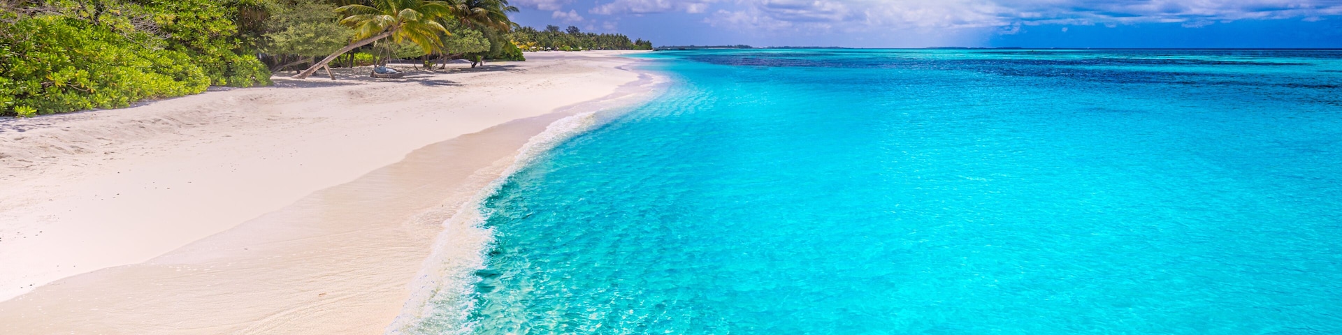 Une plage aux eaux turquoise, bordĂ©e de sable blanc, de palmiers et dâune eau dâun bleu limpide.