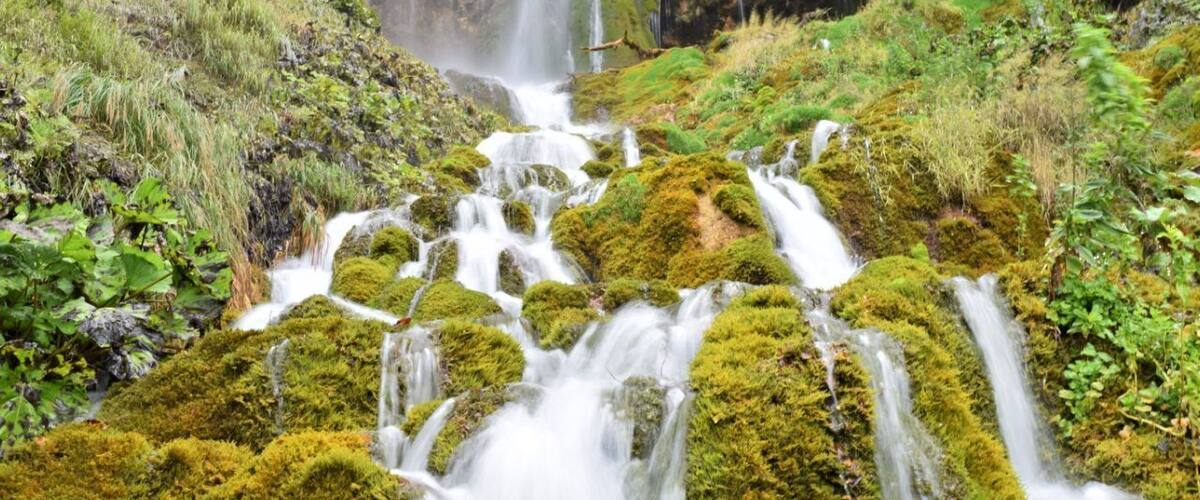 A moss-covered waterfall cascading over rocks in a lush, green forest.