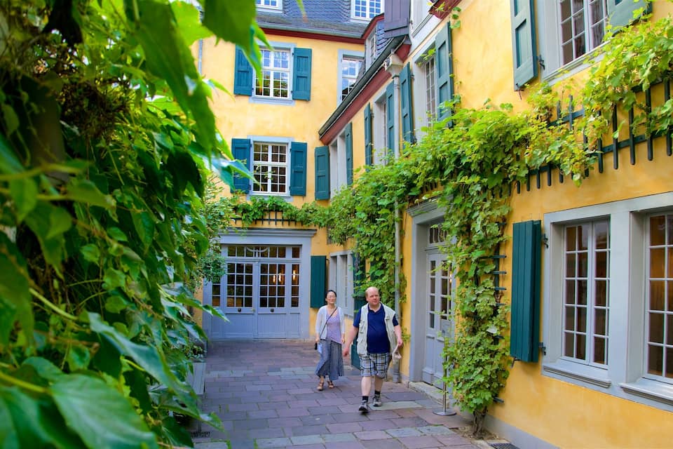 A narrow alley with yellow buildings, green shutters, and lush greenery.