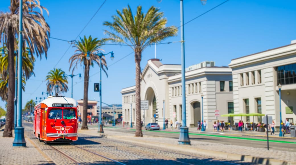 San Francisco f- streetcar, tram or muni trolley traveling down the Embarcadero on a sunny day. Vintage streetcar originally a Pacific Electric car built in 1948 trolley. Tribute livery.