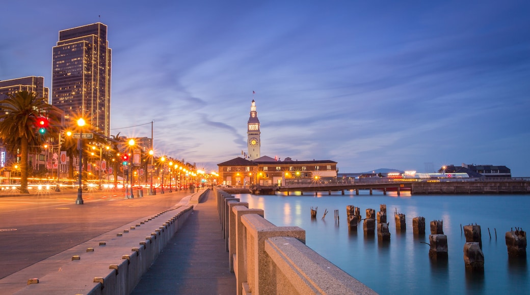 The Embarcadero at dusk showing the Ferry Building and the Embarcadero Center