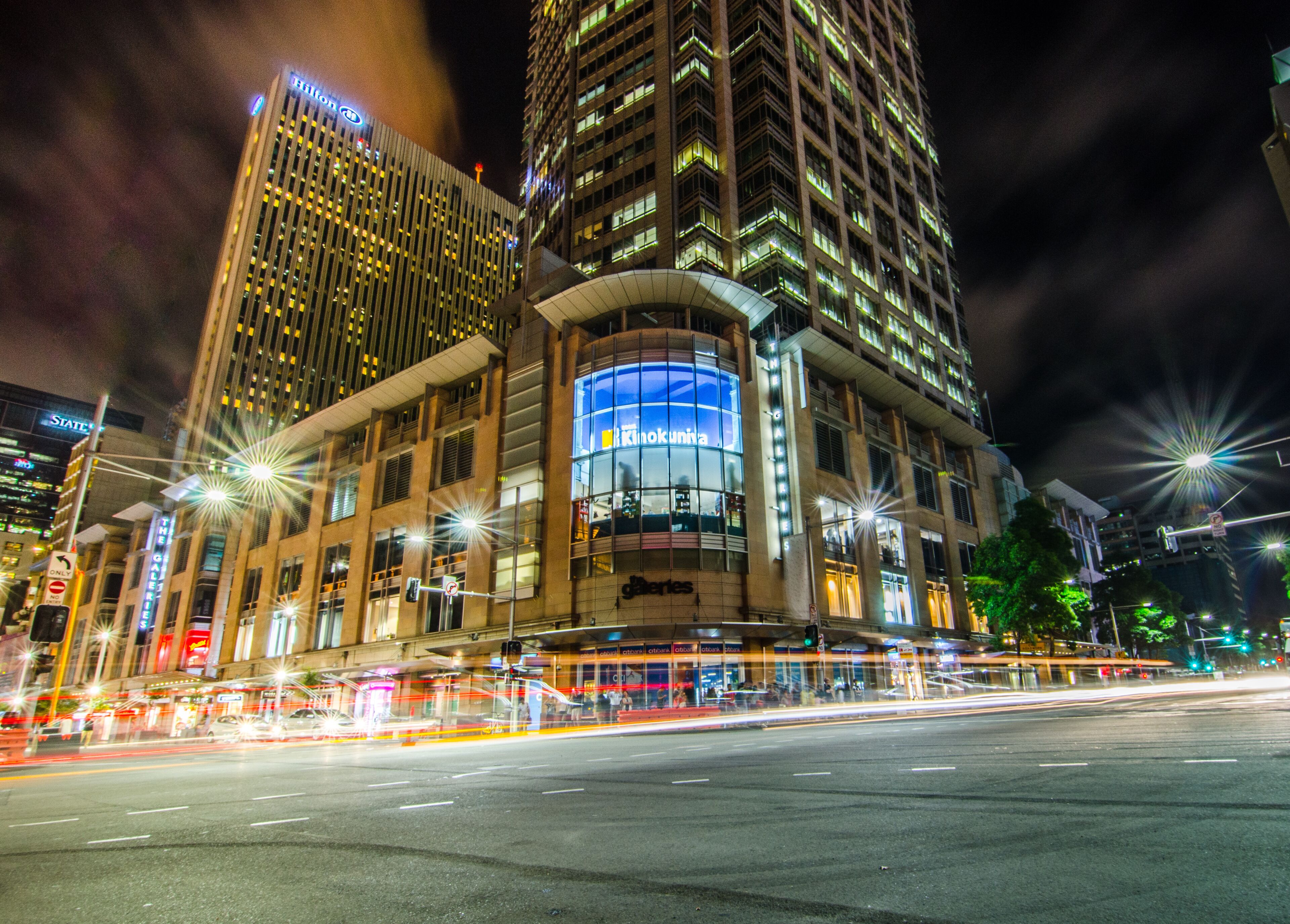 SYDNEY, AUSTRALIA. – On December 22, 2017. - The Galeries shopping centre by night, from the corner of Park and George streets.