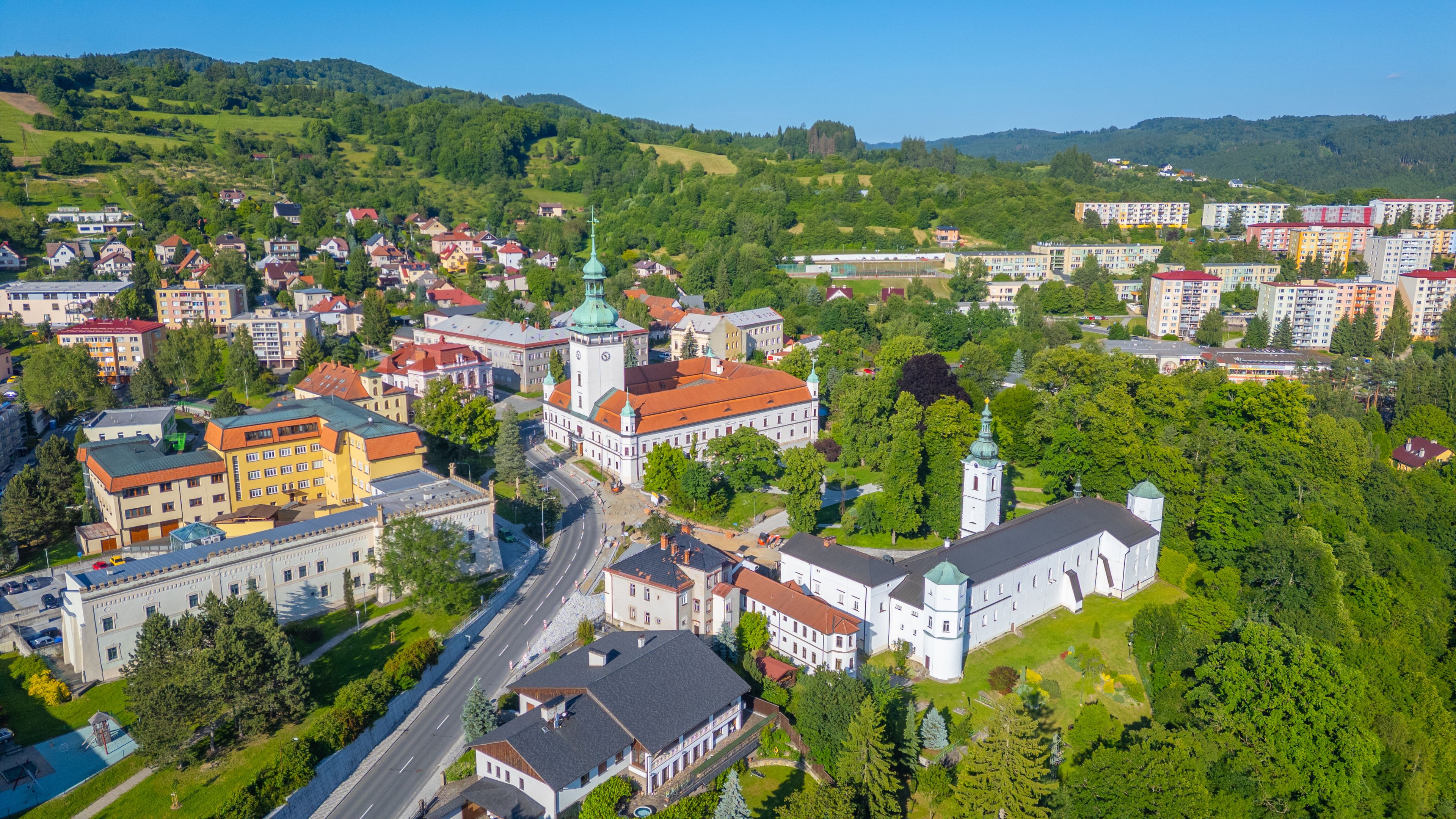 Vsetin palace and Church of assumption of virgin mary in Vsetin,