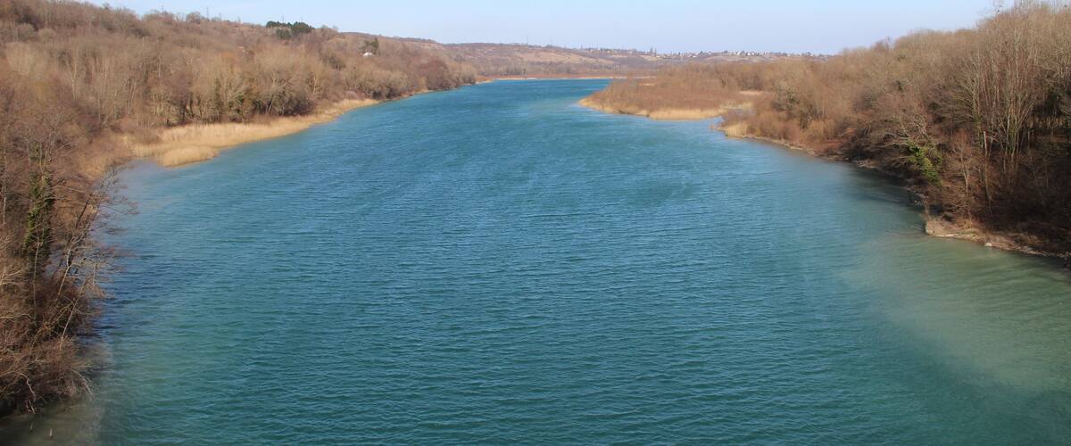 A river with clear water, surrounded by dry, leafless trees and hills in the background.