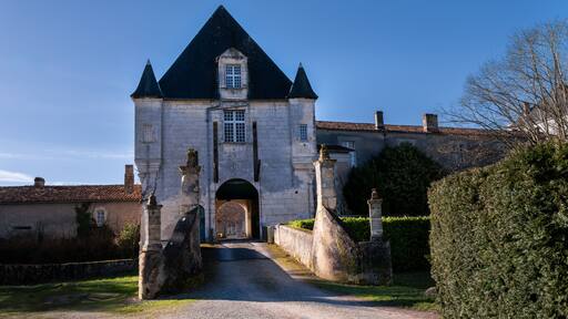 Entrance of Talleyrand-Périgord castel in Chalais in winter, Charentes, Nouvelle Aquitaine