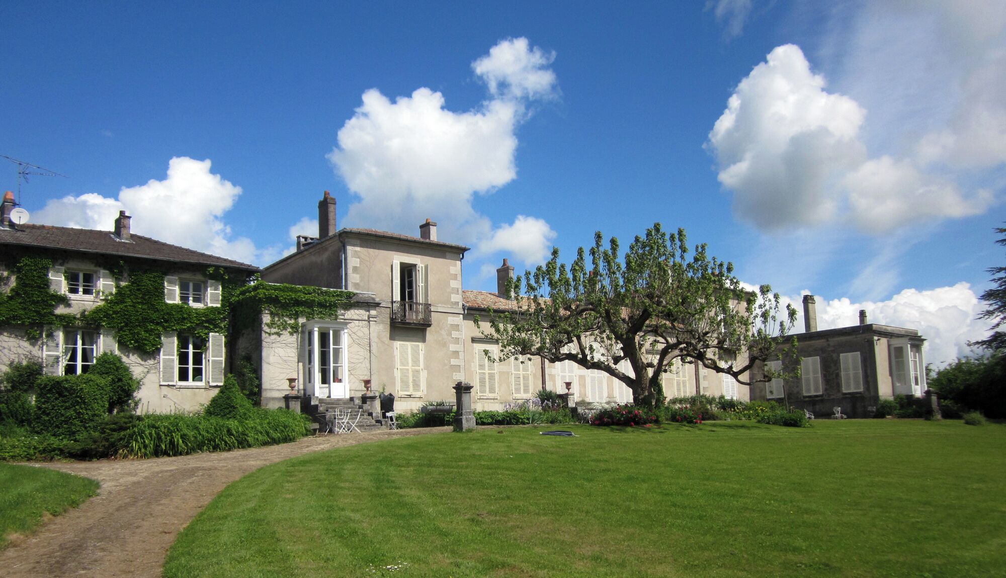 A large estate with a well-maintained lawn, a prominent tree, and classic architecture.