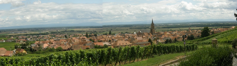 Eine Stadt mit einem markanten Kirchturm, Weinbergen und einer hügeligen Landschaft mit Bergen in der Ferne.