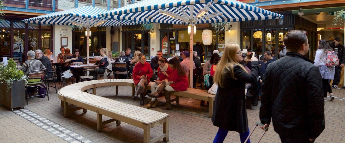 Carnaby Street featuring a square or plaza as well as a large group of people