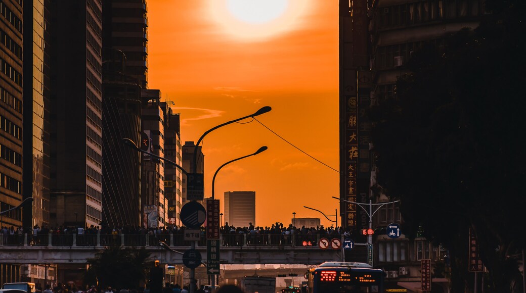 Taipei, Taiwan, 11 Aug 2019: Sun setting along the length of Zhongxiao Road in Taipei city known as taipeihenge