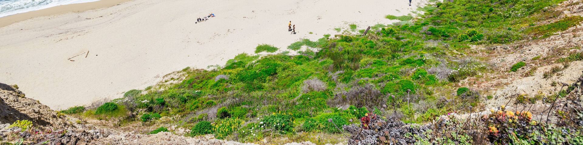 Cowell Ranch beach with ocean waves near Half Moon Bay on the California coast. Beautiful scenery, concept of rest, vacation, tourism