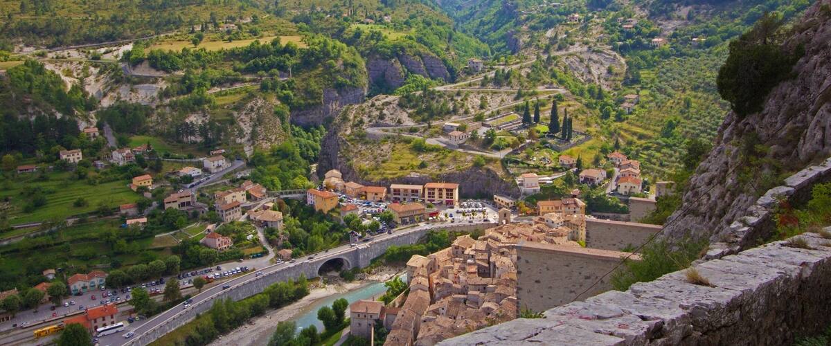 This is the view from the walk to the citadel in the medieval town of Entrevaux which is a commune in the Alpes-de-Haue-Provence department in southeastern France.