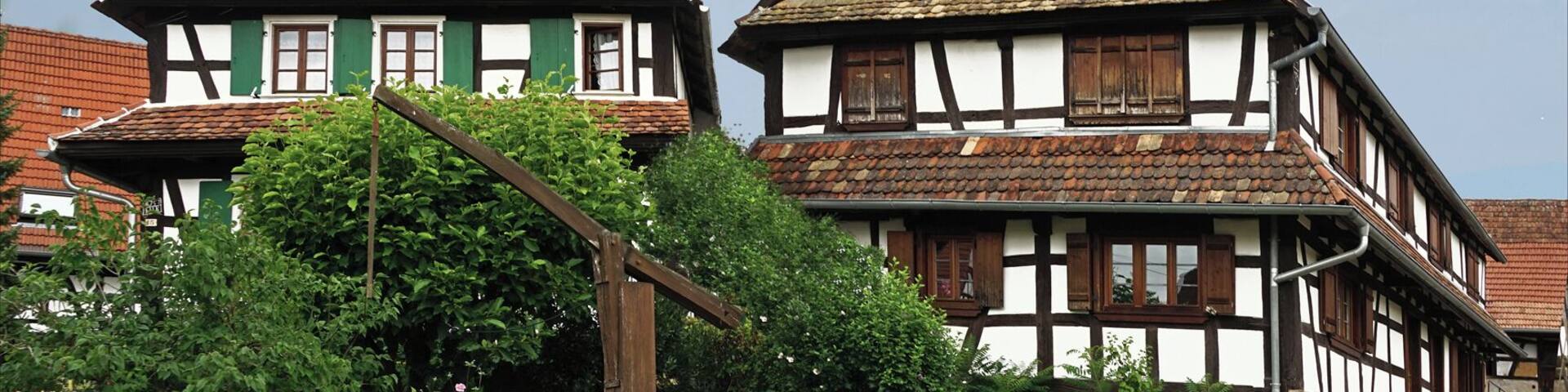 Deux maisons traditionnelles datant de la fin du XVIIIè siècle Hunspach fait partie des plus beaux villages de France pour son caractère authentique et l'entretien dont le village fait l'objet de la part de ses habitants. Les maisons à colombages à murs blancs, peints à la chaux, aux toits à pans coupés et aux tuiles plates au bout arrondi en "queue de castor" y sont encore très nombreuses. Les cours de ferme sont restaurées dans la tradition. On peut voir également quelques maisons avec des vitres bombées qui étaient utilisées à l'époque baroque. C'est un village de tradition protestante calviniste dont l'église a été rénovée il y a quelques années. Des visites du village sont proposées par des érudits locaux. Le site des gites ruraux d'Hunspach www.maison-ungerer.com/menu14/index-fr.htm
Hunspach sur le site des plus beaux villages de France www.les-plus-beaux-villages-de-france.org/fr/hunspach-0