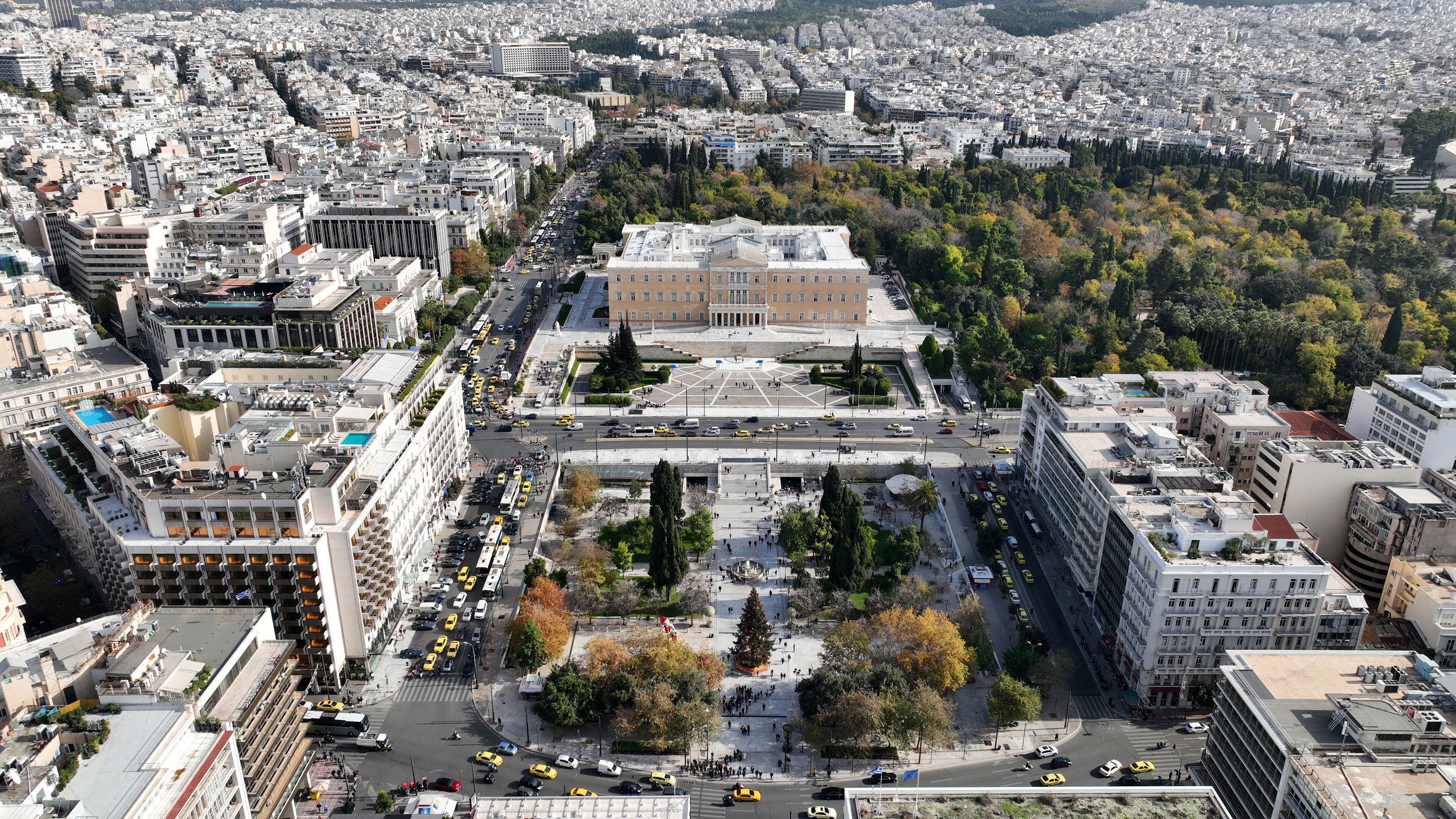 Aerial drone photo of Syntagma square featuring Greek Parliament, Athens centre, Attica, Greece