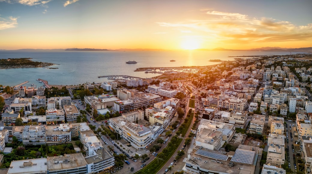 Aerial view of the popuar shopping district of Glyfada, South Athens Riviera, Greece, during a golden sunset